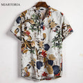 Ethnic Printed Stand Collar Cotton Linen Stripe Short