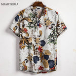 Ethnic Printed Stand Collar Cotton Linen Stripe Short