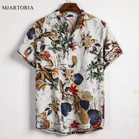 Ethnic Printed Stand Collar Cotton Linen Stripe Short