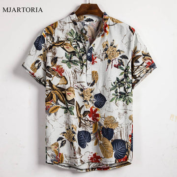 Ethnic Printed Stand Collar Cotton Linen Stripe Short