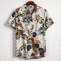 Ethnic Printed Stand Collar Cotton Linen Stripe Short