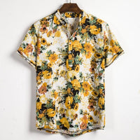 Ethnic Printed Stand Collar Cotton Linen Stripe Short