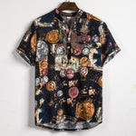 Ethnic Printed Stand Collar Cotton Linen Stripe Short
