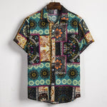 Ethnic Printed Stand Collar Cotton Linen Stripe Short