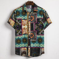Ethnic Printed Stand Collar Cotton Linen Stripe Short