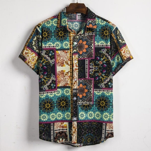 Ethnic Printed Stand Collar Cotton Linen Stripe Short