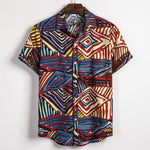 Ethnic Printed Stand Collar Cotton Linen Stripe Short