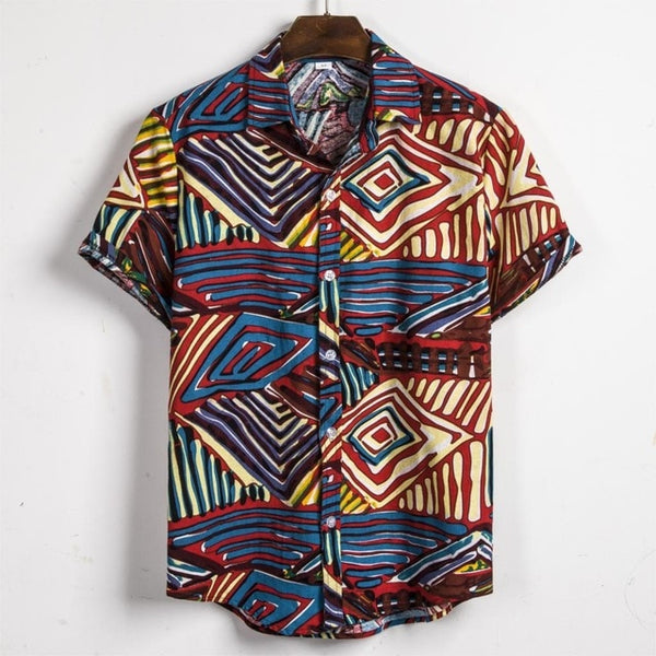 Ethnic Printed Stand Collar Cotton Linen Stripe Short