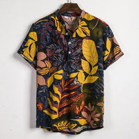 Ethnic Printed Stand Collar Cotton Linen Stripe Short