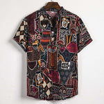 Ethnic Printed Stand Collar Cotton Linen Stripe Short