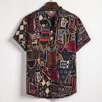 Ethnic Printed Stand Collar Cotton Linen Stripe Short