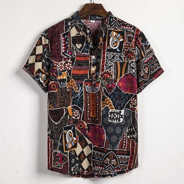 Ethnic Printed Stand Collar Cotton Linen Stripe Short