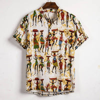 Ethnic Printed Stand Collar Cotton Linen Stripe Short