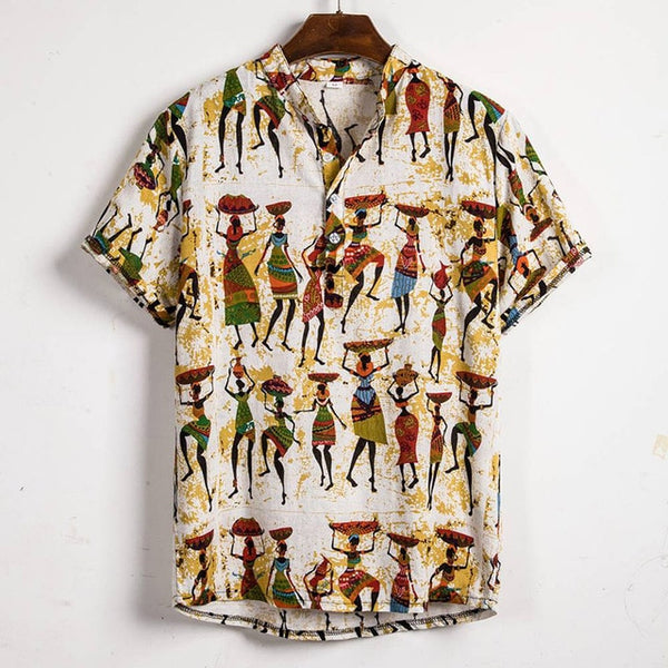 Ethnic Printed Stand Collar Cotton Linen Stripe Short