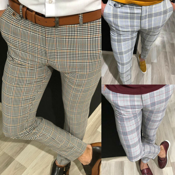 Fashion Mens Slim Fit Check Casual Pants