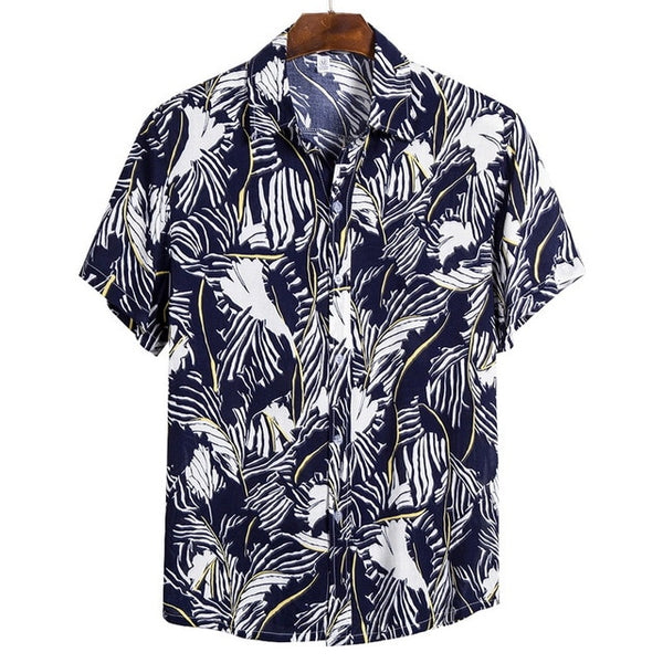 Ethnic Printed Stand Collar Cotton Linen Stripe Short